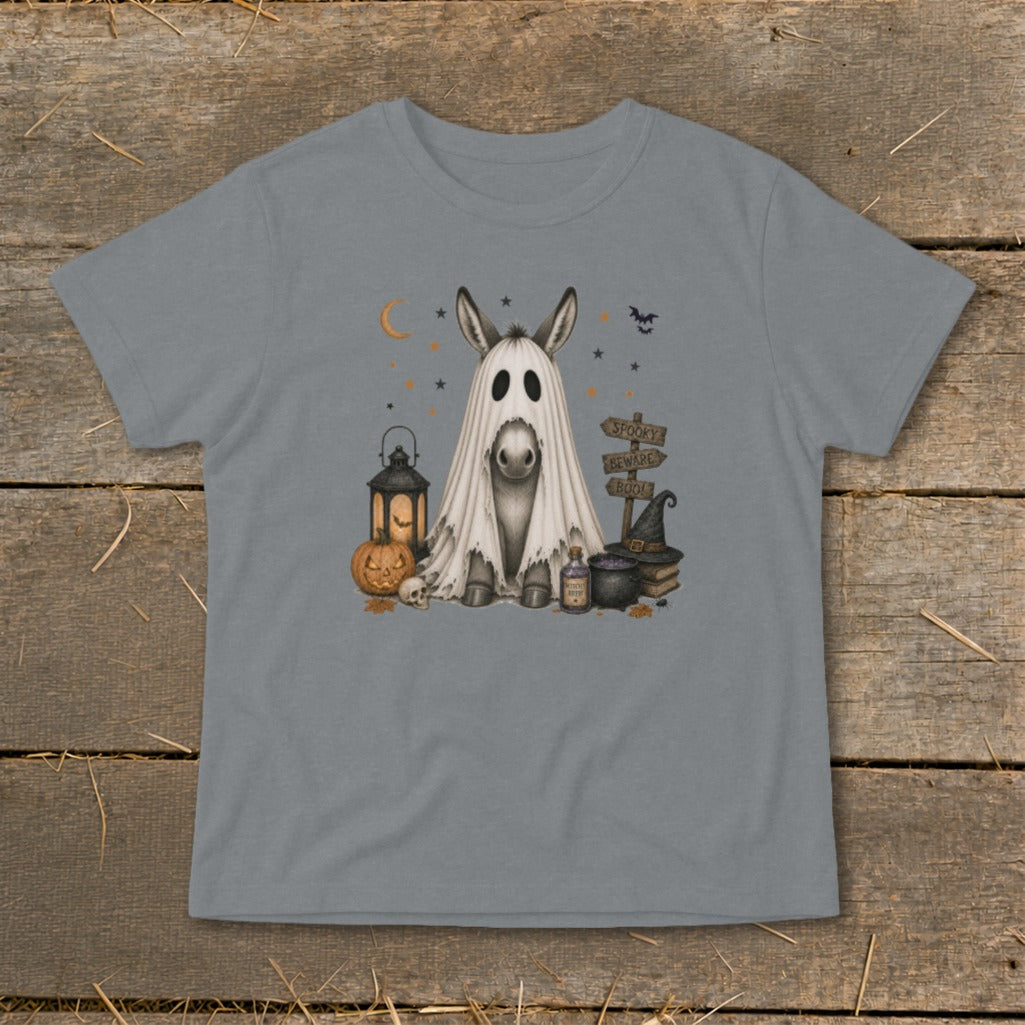 Donkey in ghost costume with Halloween decorations and text.