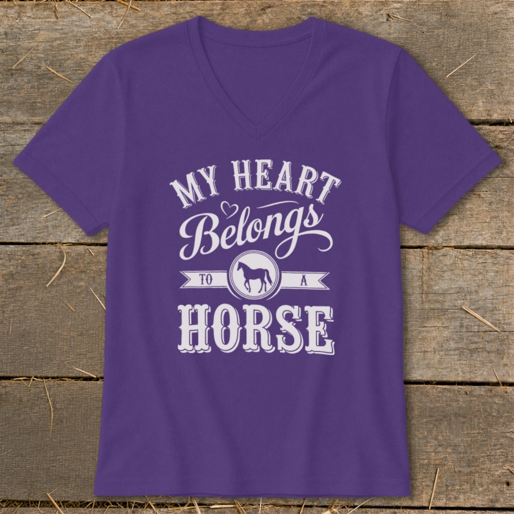 Purple t-shirt with "My Heart Belongs To A Horse" text and horse graphic.
