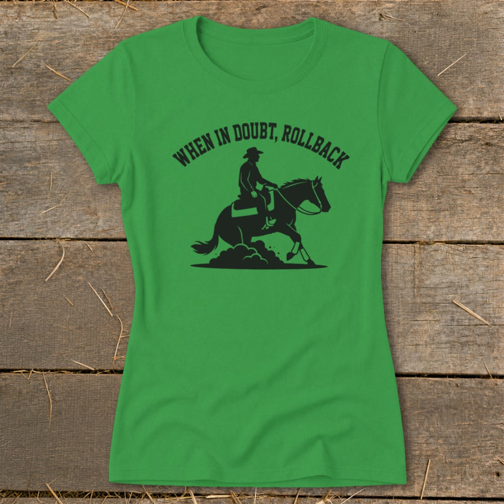 Green t-shirt with black graphic of a cowboy on a horse performing a rollback.