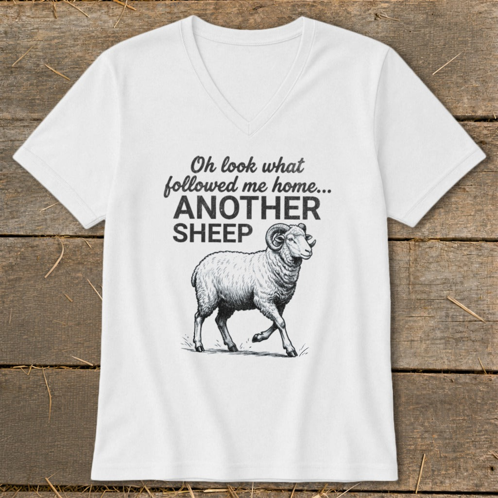 White t-shirt with "Oh look what followed me home... ANOTHER SHEEP" and a sheep graphic.