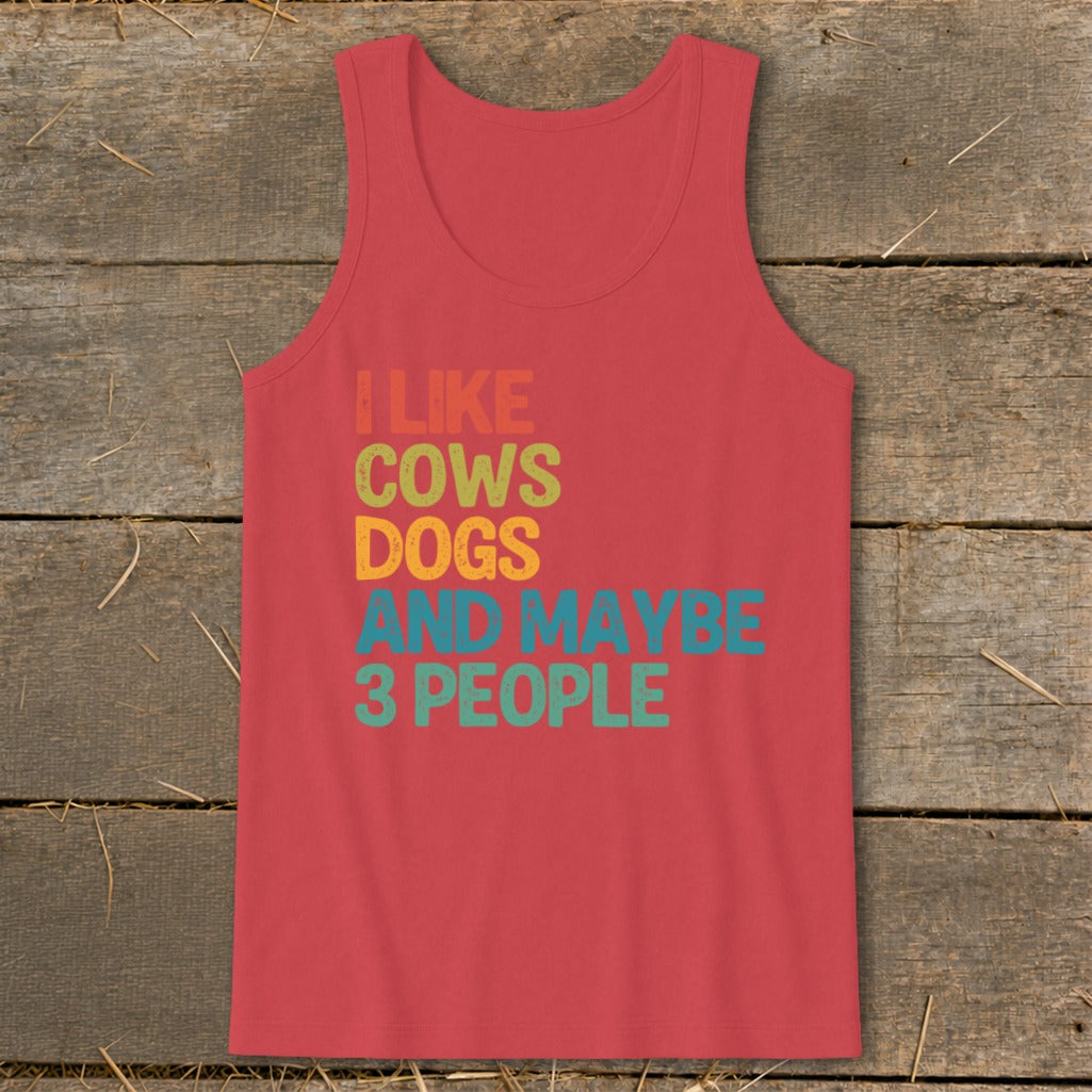 Red tank top with "I like cows, dogs, and maybe 3 people" text.