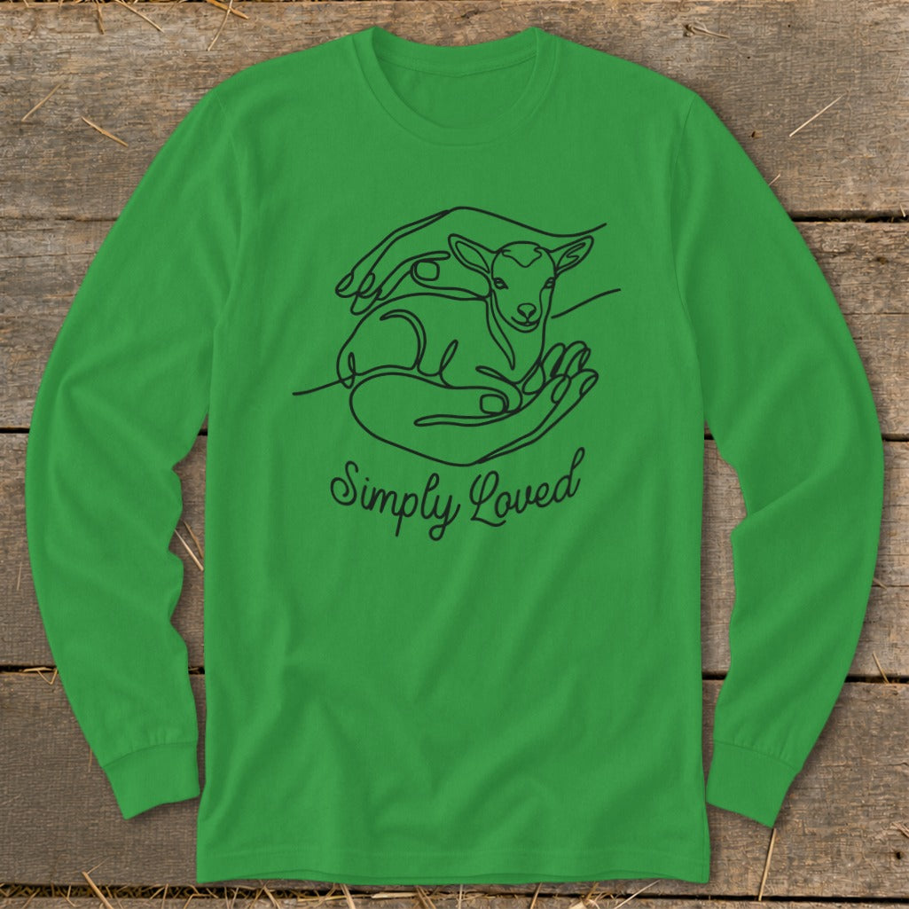 Green long-sleeved shirt with line art of hands holding a lamb and "Simply Loved" text.