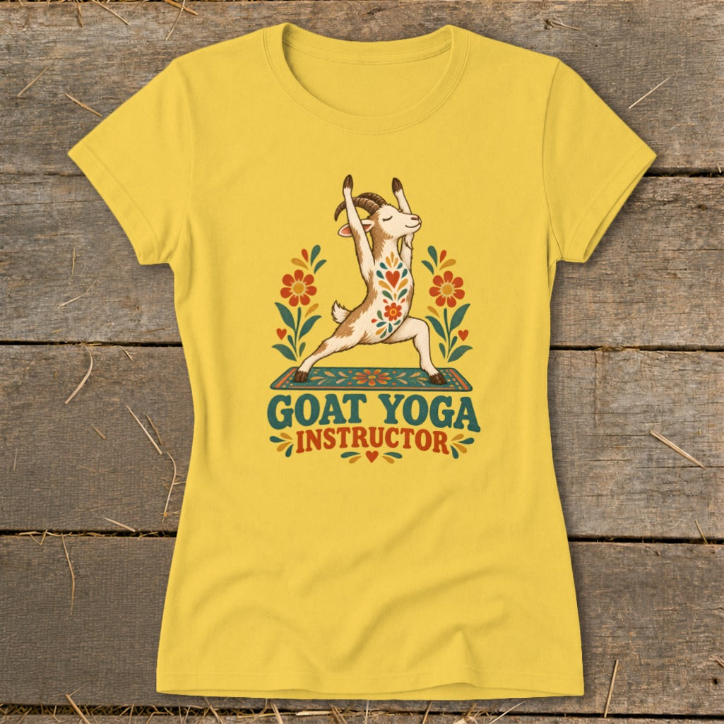 Yellow t-shirt with a goat doing yoga and text "GOAT YOGA INSTRUCTOR".