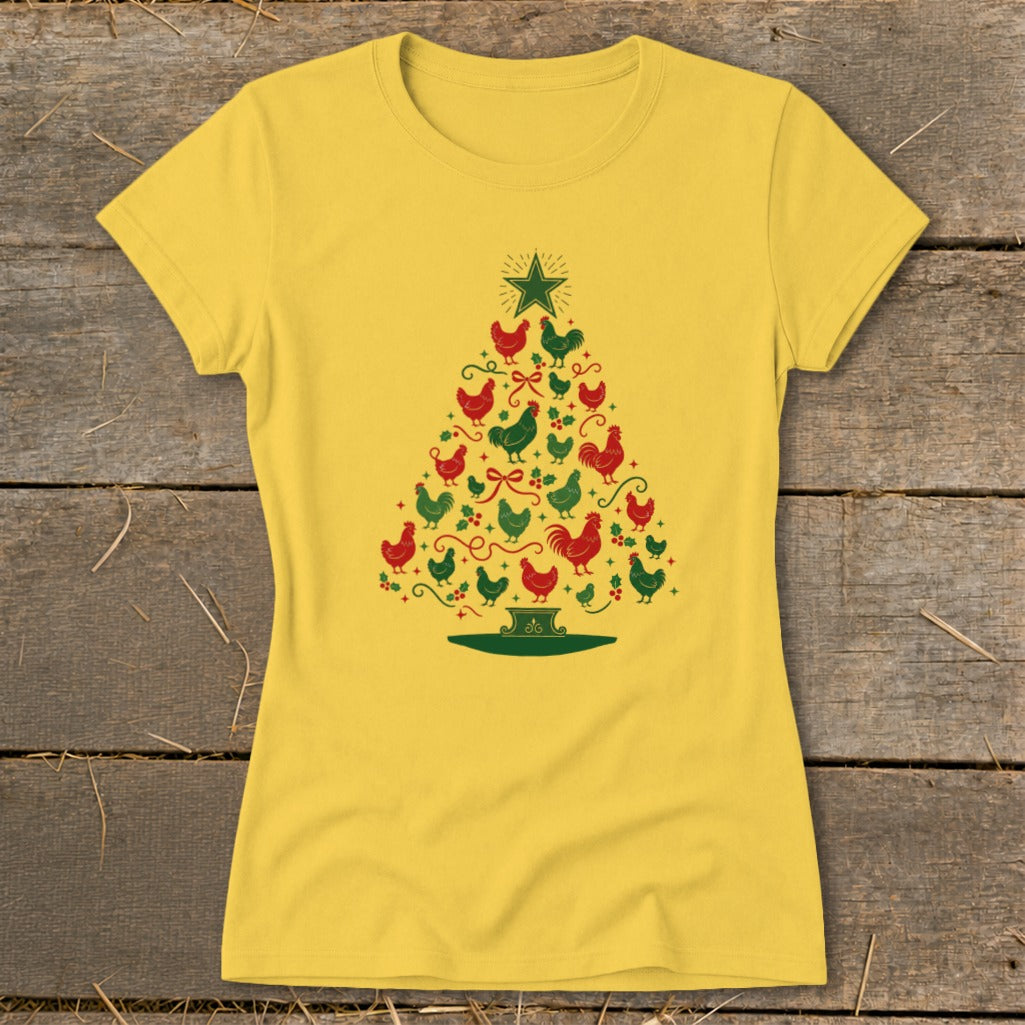 Yellow t-shirt with a Christmas tree made of red and green chickens.
