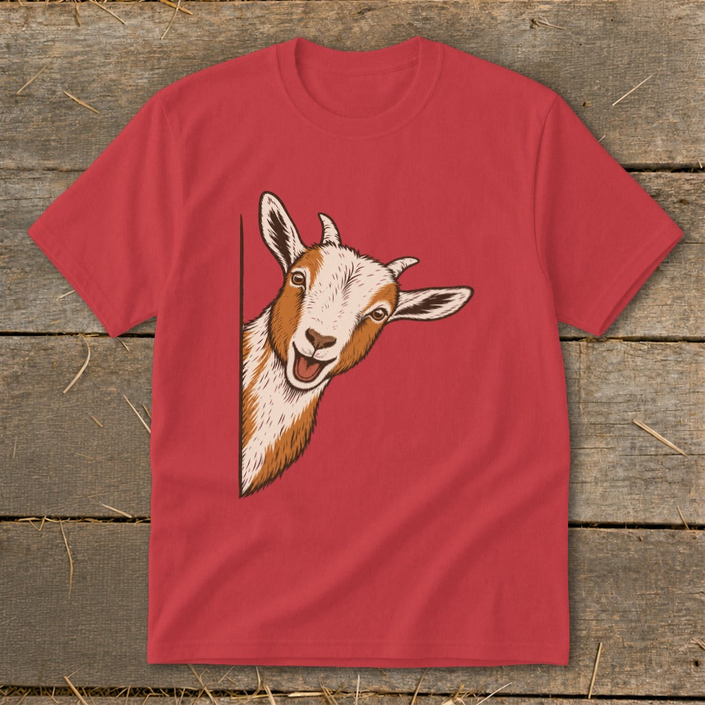 Red t-shirt with a peeking goat graphic on the left side.