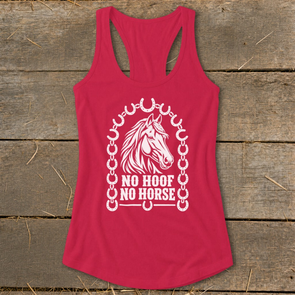 Red tank top with white horse graphic and "NO HOOF NO HORSE" text.