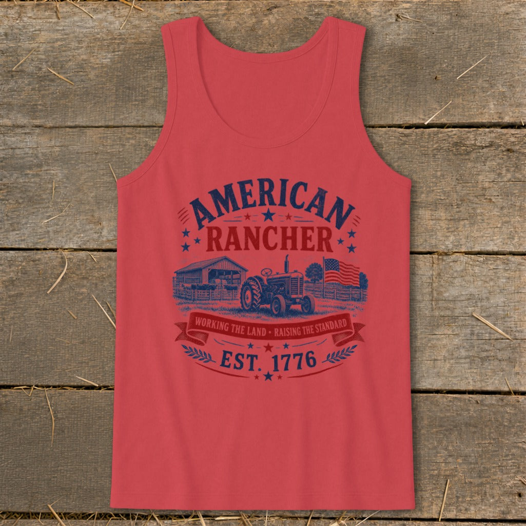 Red tank top with "American Rancher Est. 1776" design featuring a tractor and barn.
