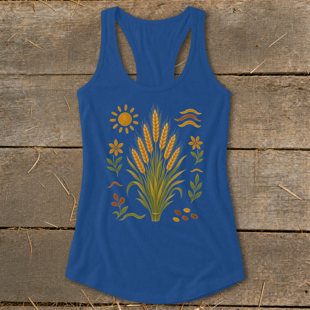 Blue tank top with a central wheat stalk design, sun, flowers, and abstract waves.