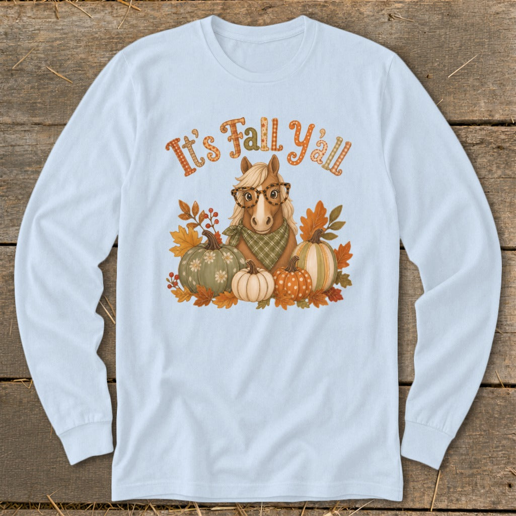 Light blue long sleeve shirt with a horse, pumpkins, and fall leaves graphic.