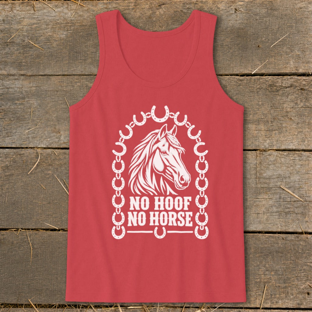 Red tank top with white horse head graphic and "No Hoof No Horse" text.
