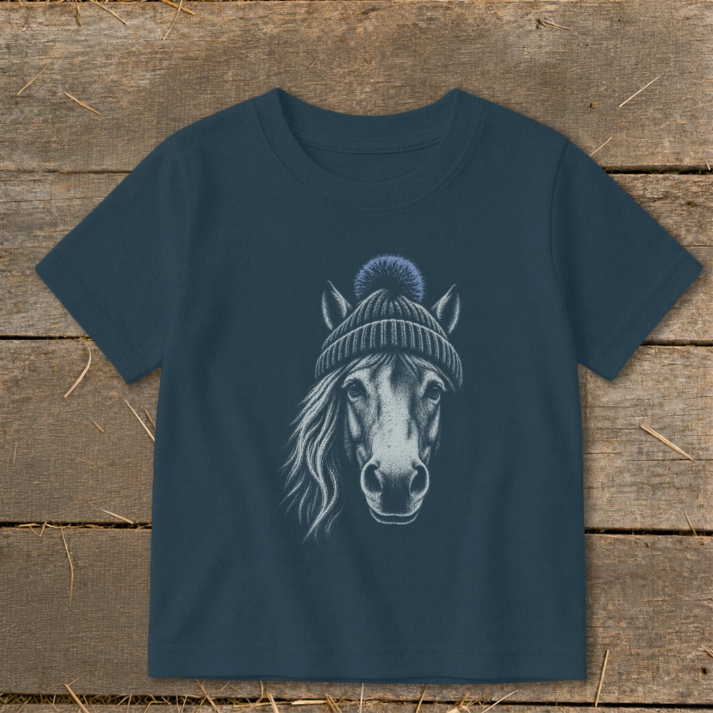 Dark blue t-shirt with a sketch of a horse wearing a beanie.
