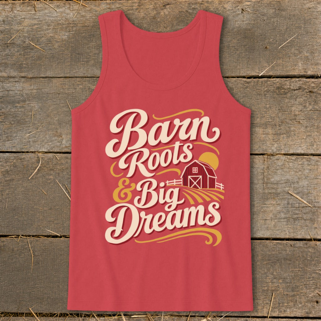 Red tank top with "Barn Roots & Big Dreams" text and barn graphic.