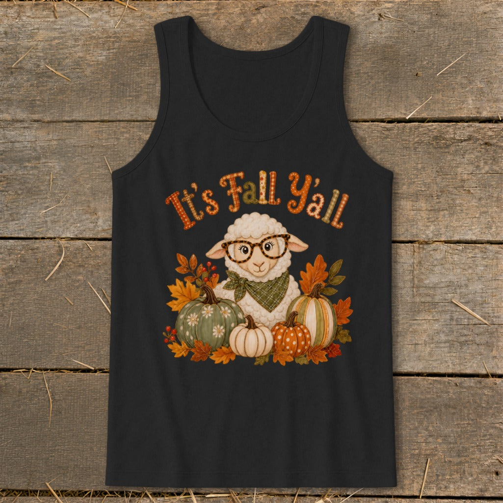 Black tank top with a sheep wearing glasses surrounded by pumpkins and fall leaves with text "It's Fall Y'all".