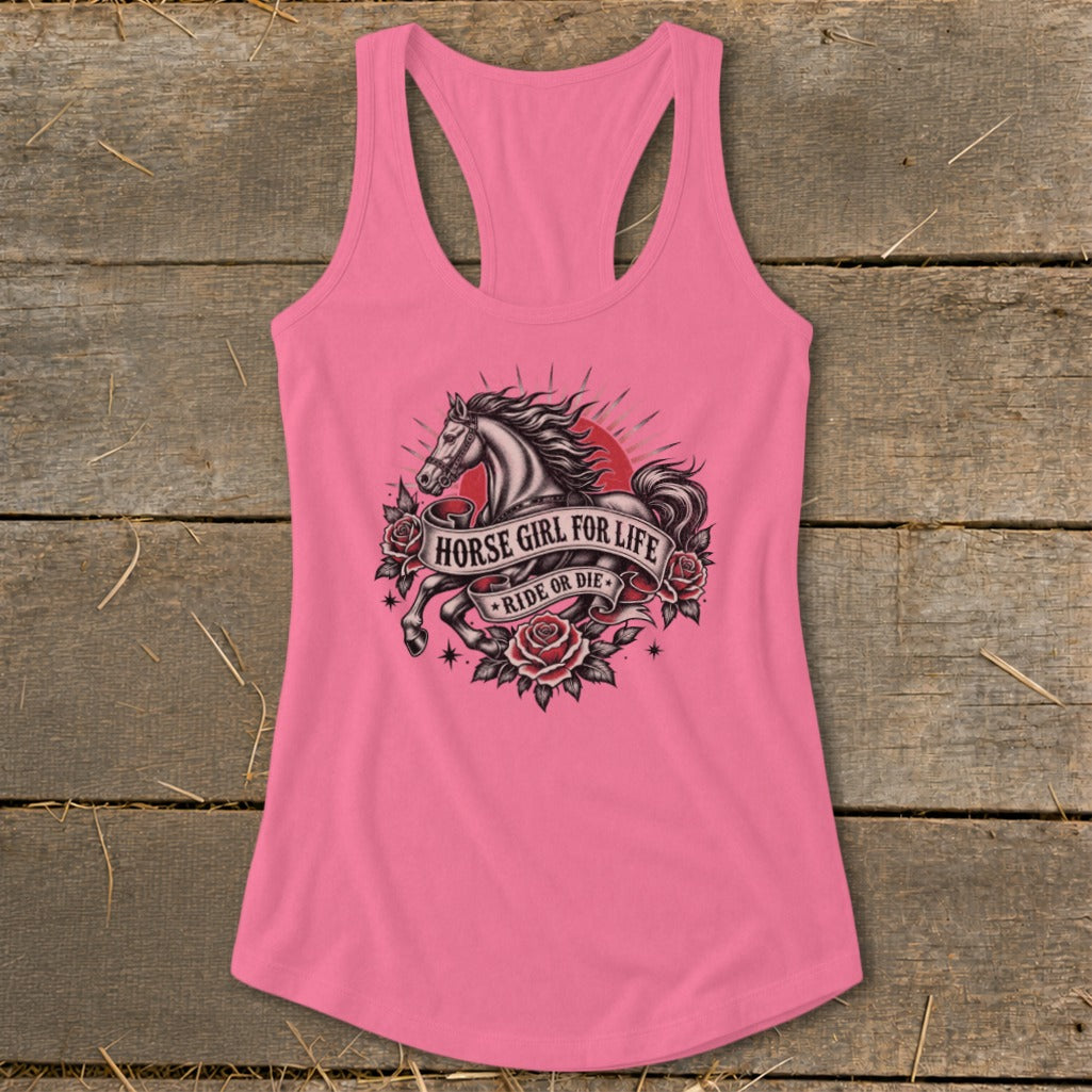 Pink tank top with graphic of horse, roses, and text "Horse Girl For Life Ride or Die".