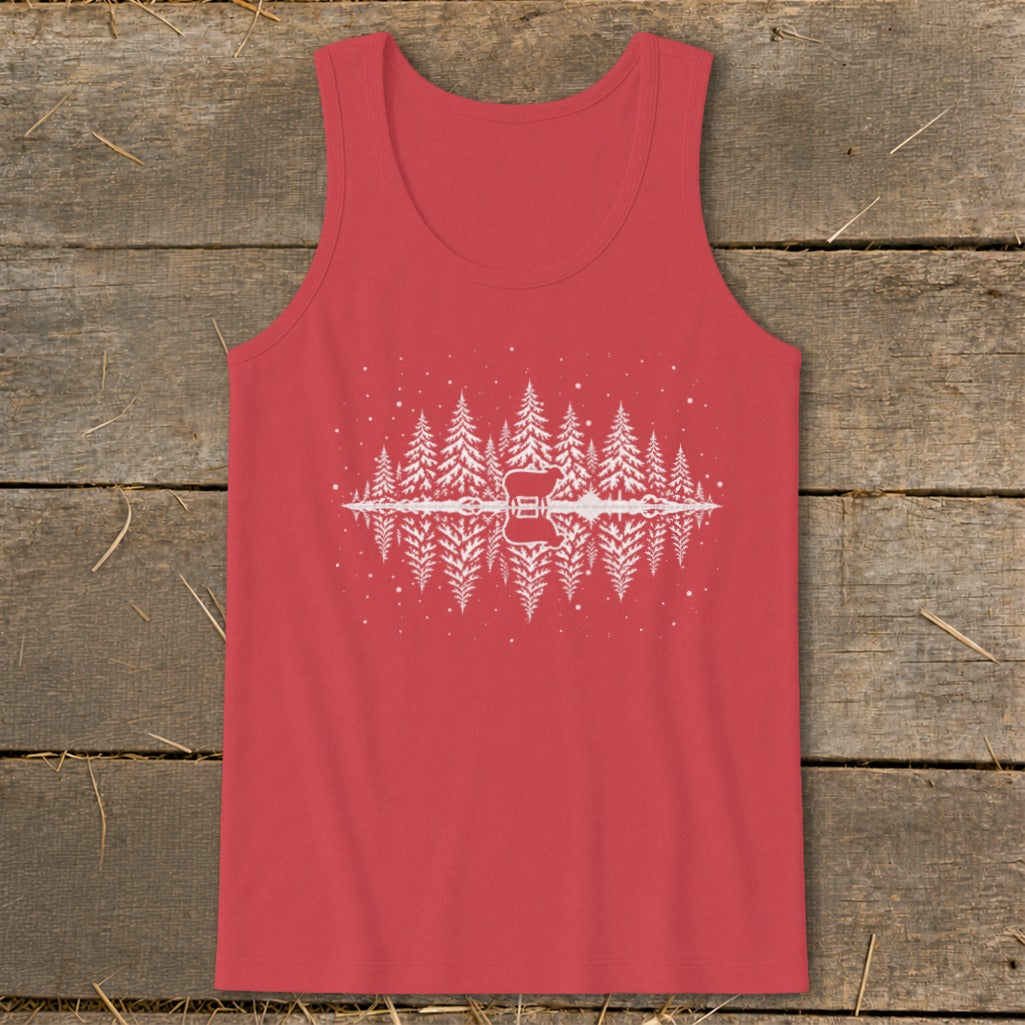 Red tank top with a white graphic of a deer and pine trees reflected in water.