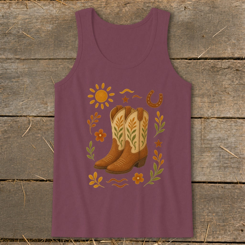 Maroon tank top with embroidered cowboy boots, sun, horseshoe, and floral details.