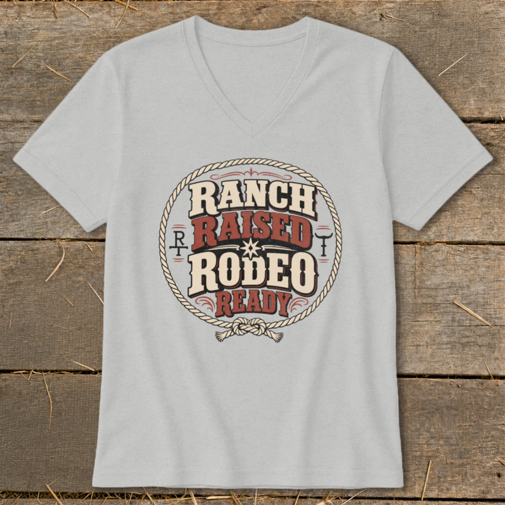 Light gray V-neck t-shirt with "Ranch Raised Rodeo Ready" graphic.