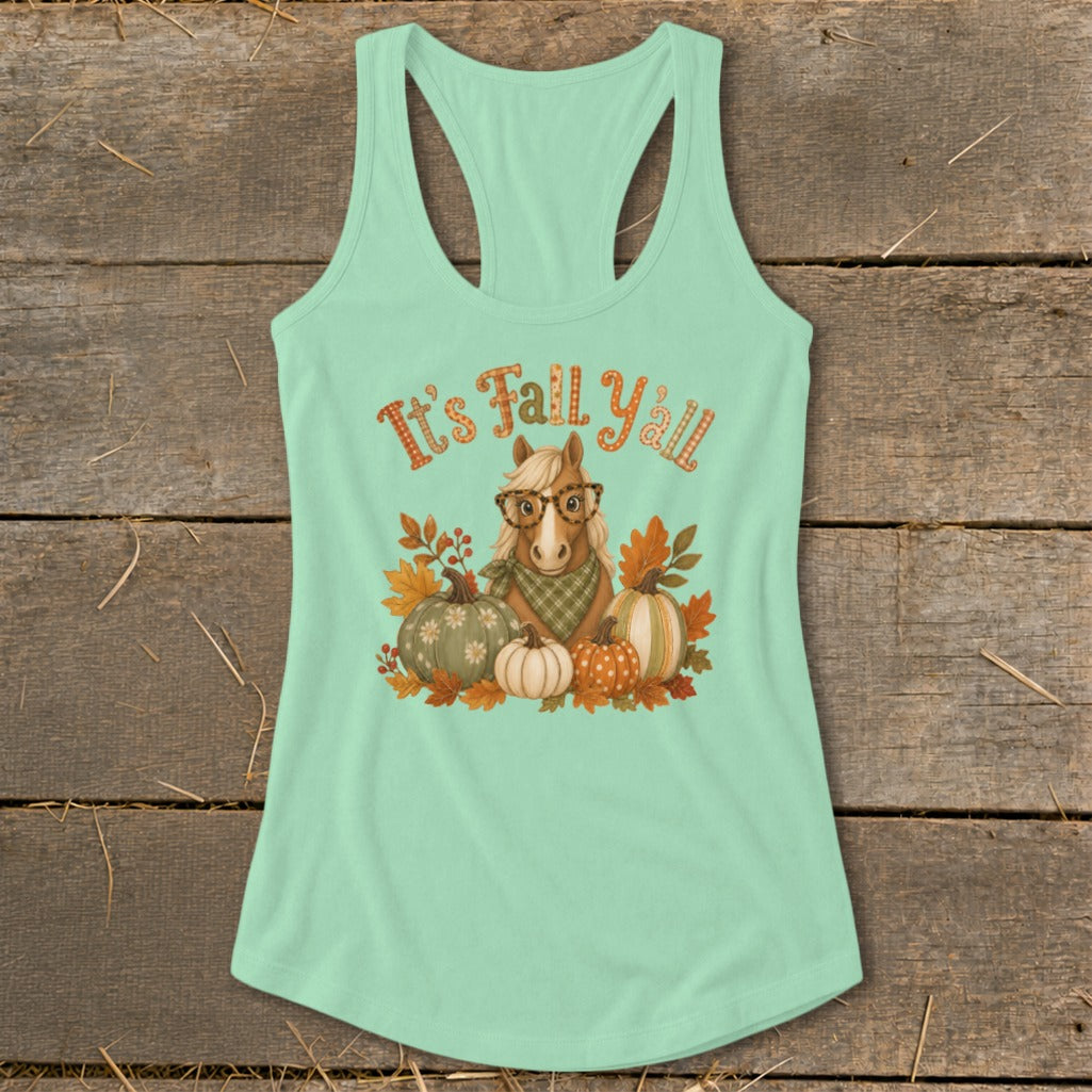 Mint green tank top with a horse, pumpkins, and fall leaves graphic that says "It's Fall Y'all".