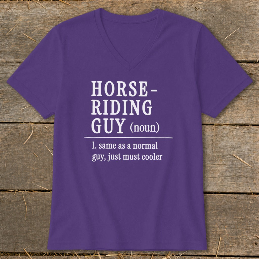 Purple t-shirt with text: HORSE-RIDING GUY (noun) 1. same as a normal guy, just must cooler.