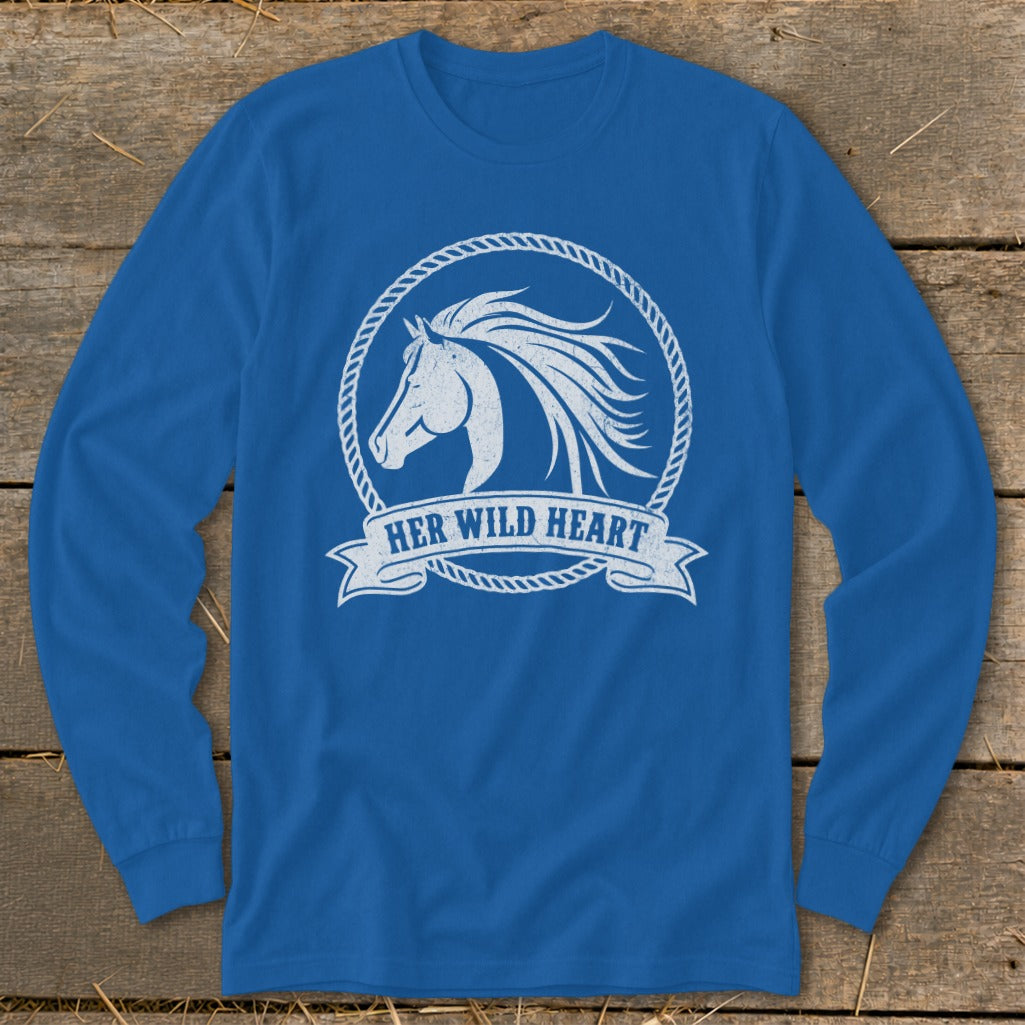 Blue long-sleeve shirt with white horse head graphic and "Her Wild Heart" text.