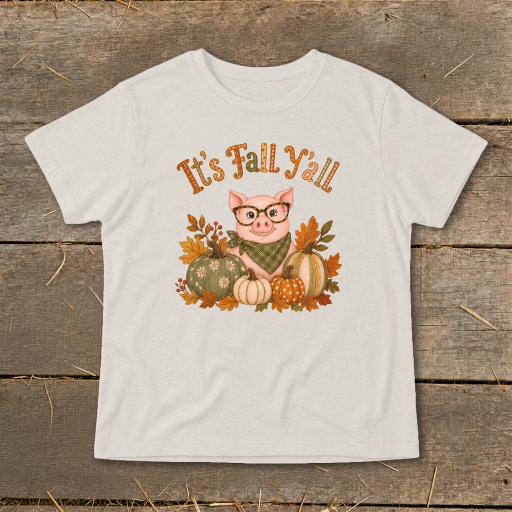 Pig in glasses with pumpkins and autumn leaves, text says "It's Fall Y'all".