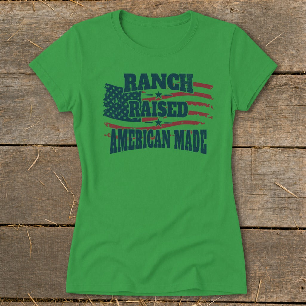Green t-shirt with "Ranch Raised American Made" text and distressed American flag graphic.