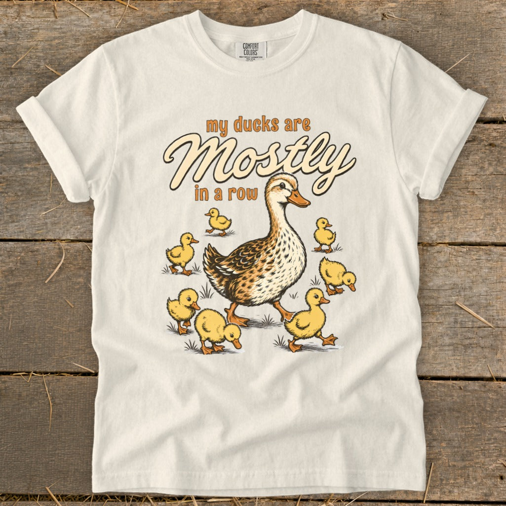 White t-shirt with a graphic of a mother duck and ducklings. Text reads, "my ducks are Mostly in a row."