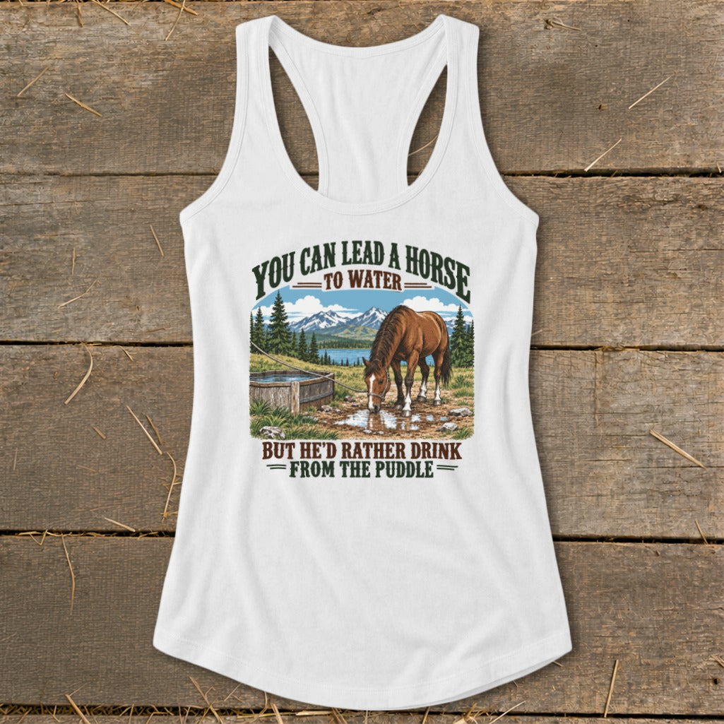 White women's racerback tank top featuring a graphic of a horse drinking from a puddle.