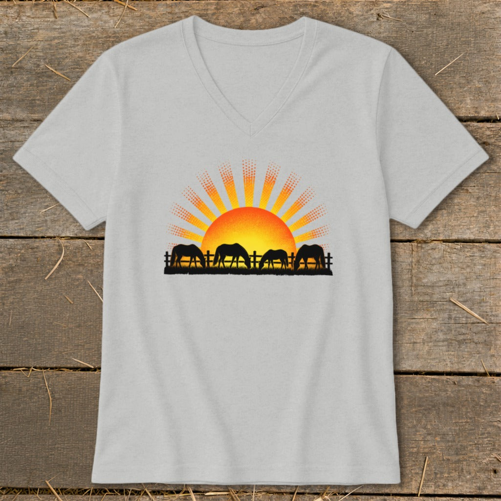 Gray v-neck t-shirt with graphic of horses grazing at sunrise behind a fence.