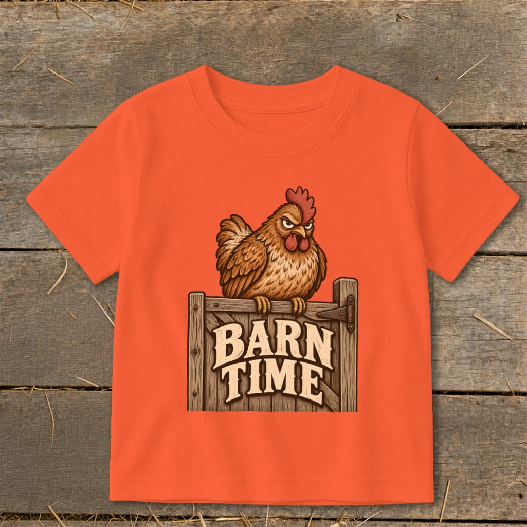 Orange t-shirt with a grumpy chicken above "BARN TIME" text on a wooden sign.