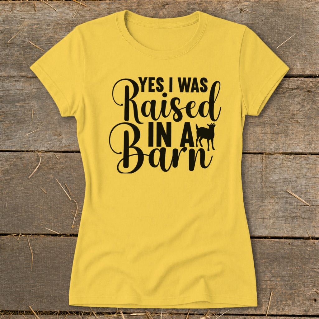 Yellow t-shirt with "YES I WAS Raised IN A Barn" text and goat silhouette.