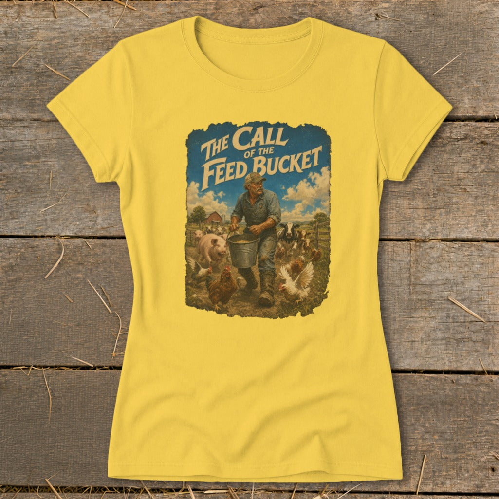 Farmer feeding chickens, pig, and cows with text "The Call of the Feed Bucket."