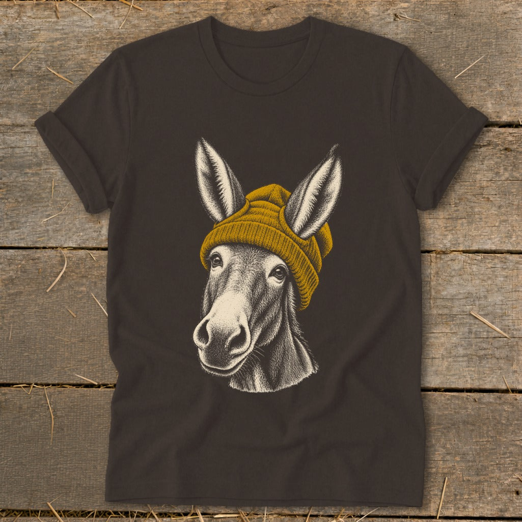 Dark t-shirt featuring a charcoal drawing of a donkey wearing a yellow beanie.