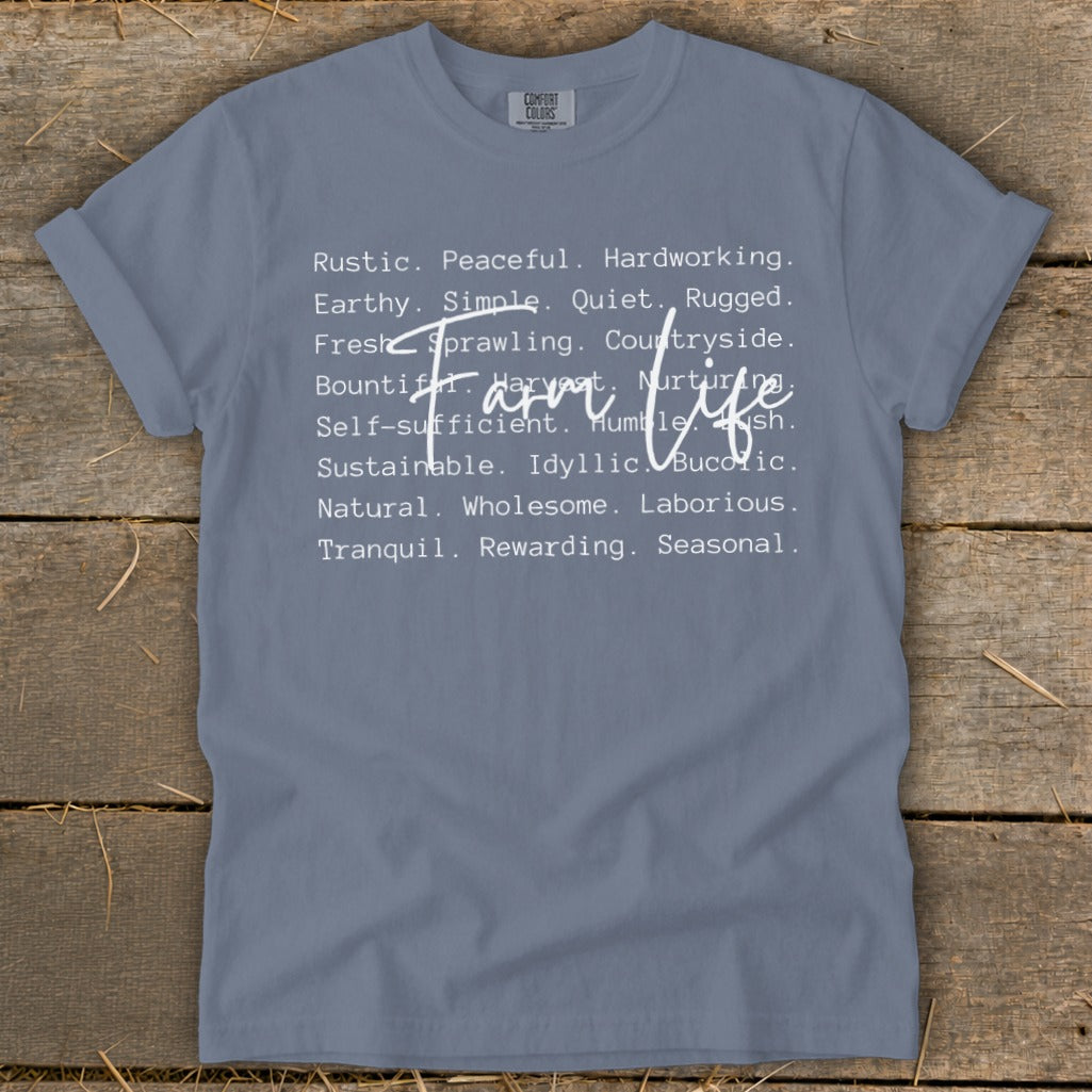 Blue t-shirt with "Farm life" text and descriptive words.