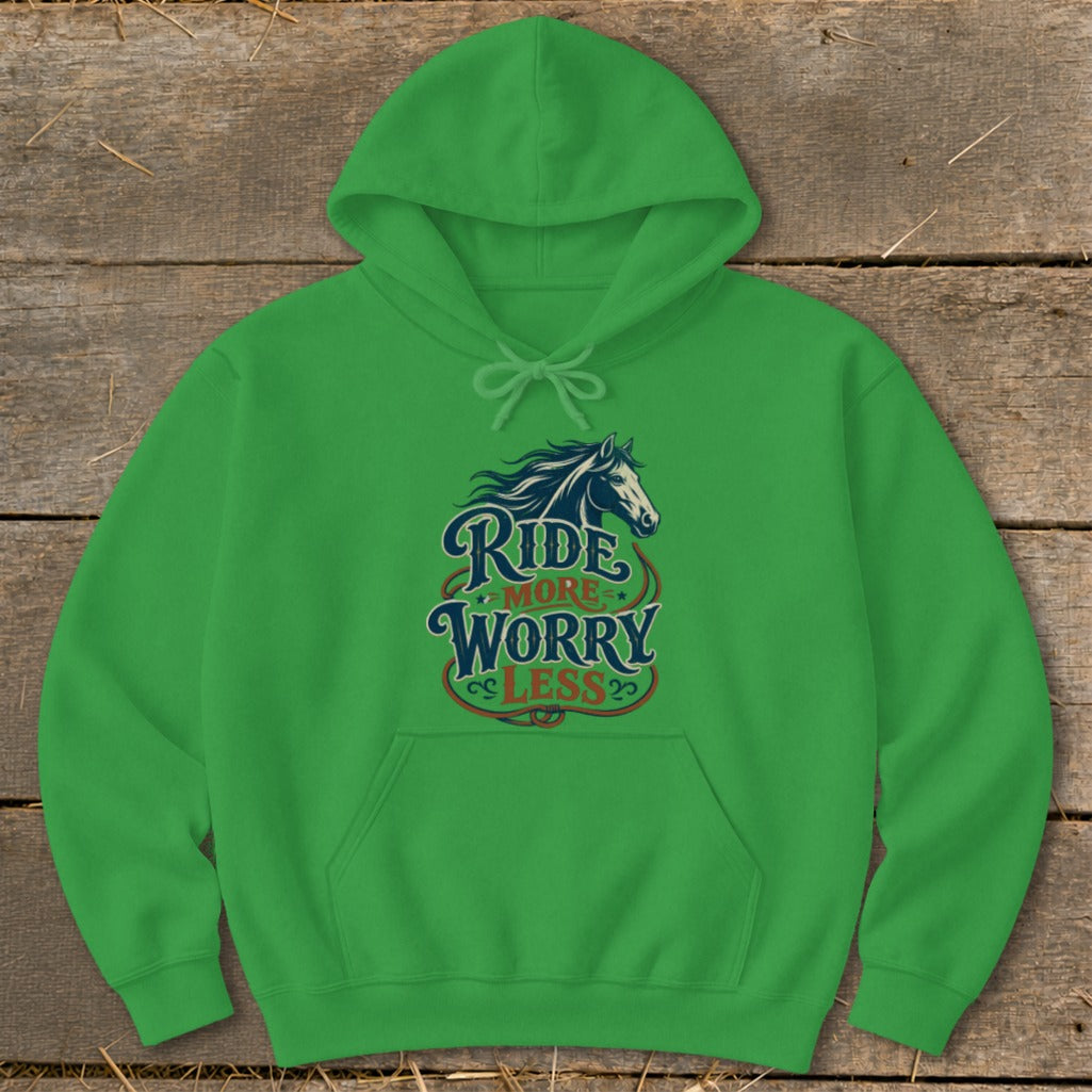 Green hoodie with horse graphic and text "Ride More Worry Less".
