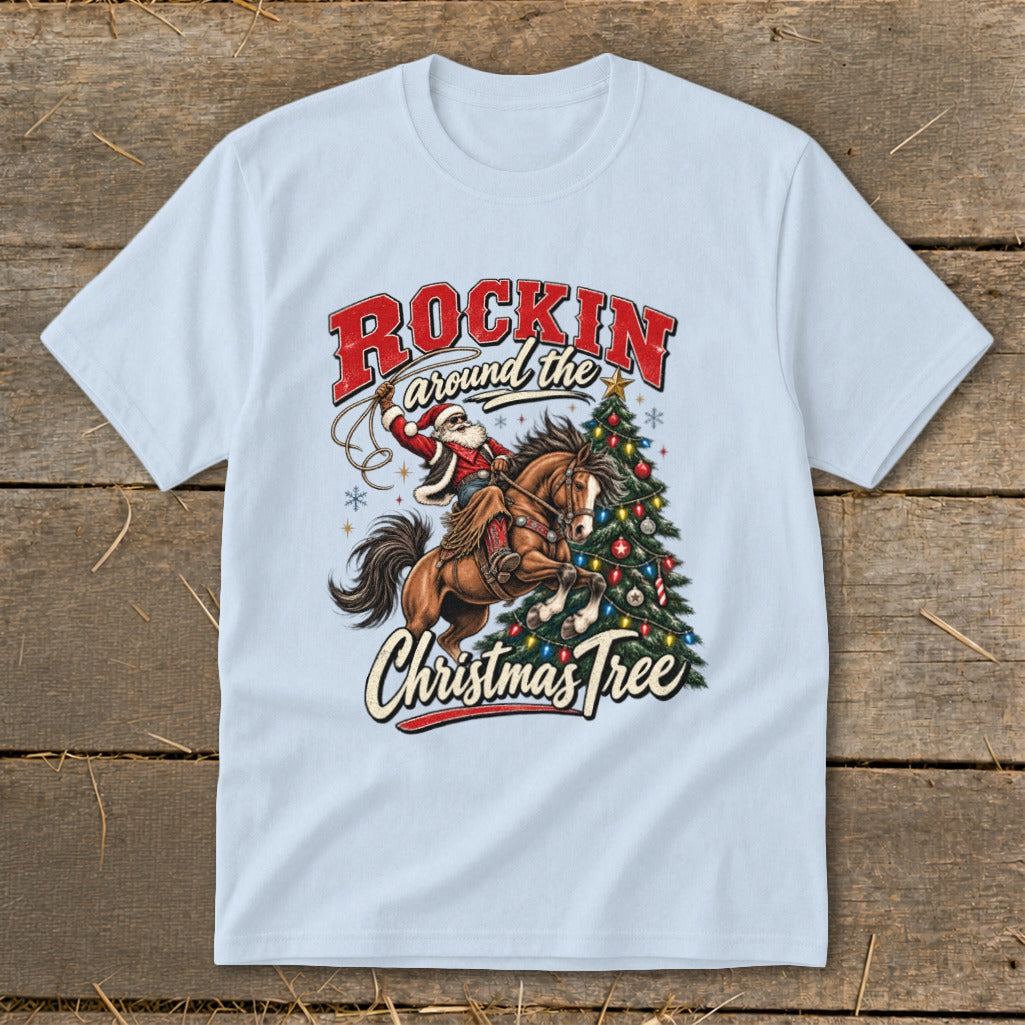 Santa on horseback lassoing near a Christmas tree with text "Rockin Around the Christmas Tree."