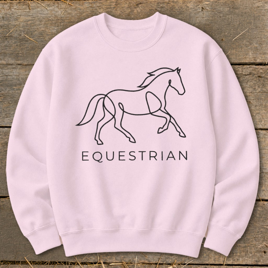 Pink sweatshirt with a black line drawing of a horse and the word EQUESTRIA.