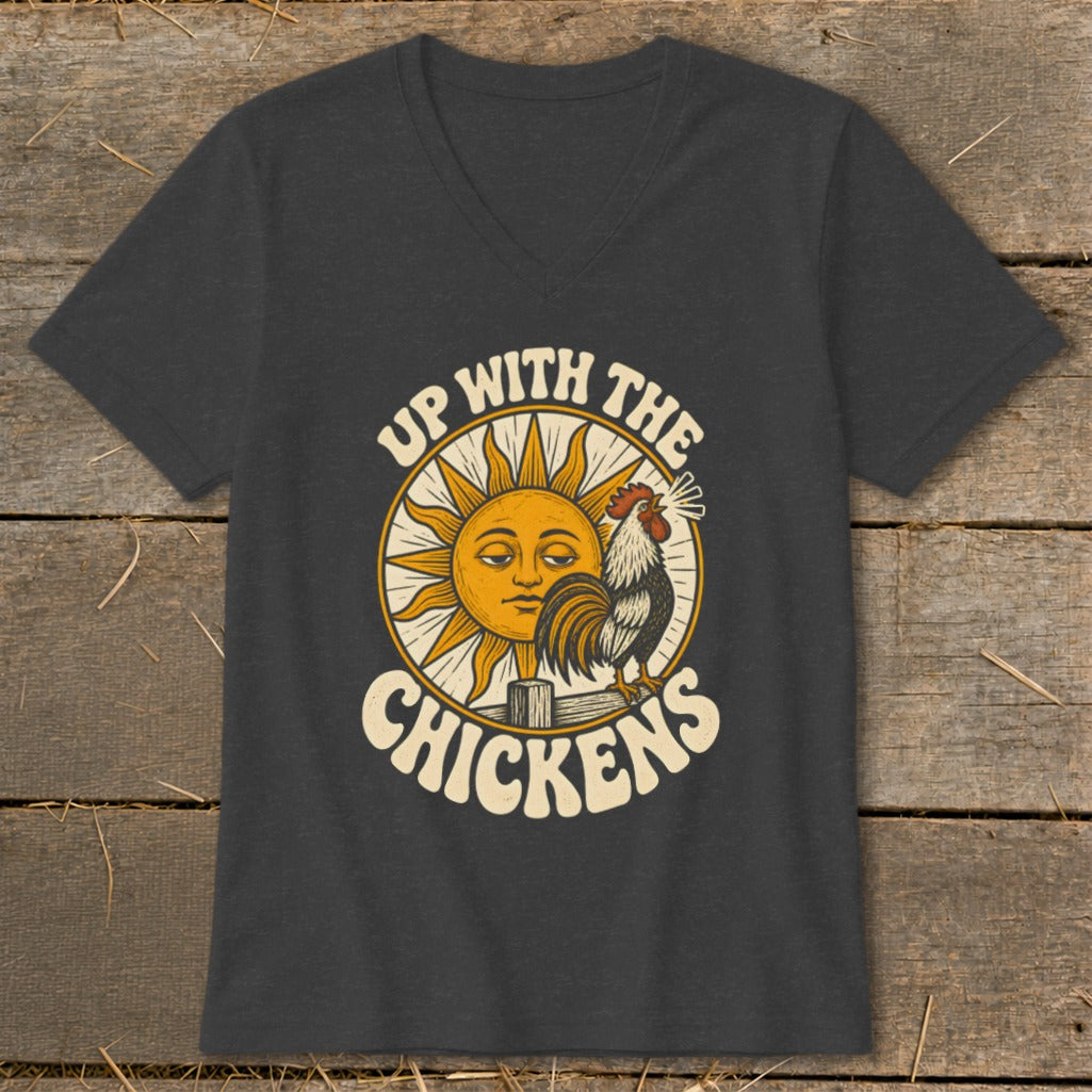 Dark gray V-neck t-shirt featuring a vintage sun and rooster graphic with text that reads "UP WITH THE CHICKENS".