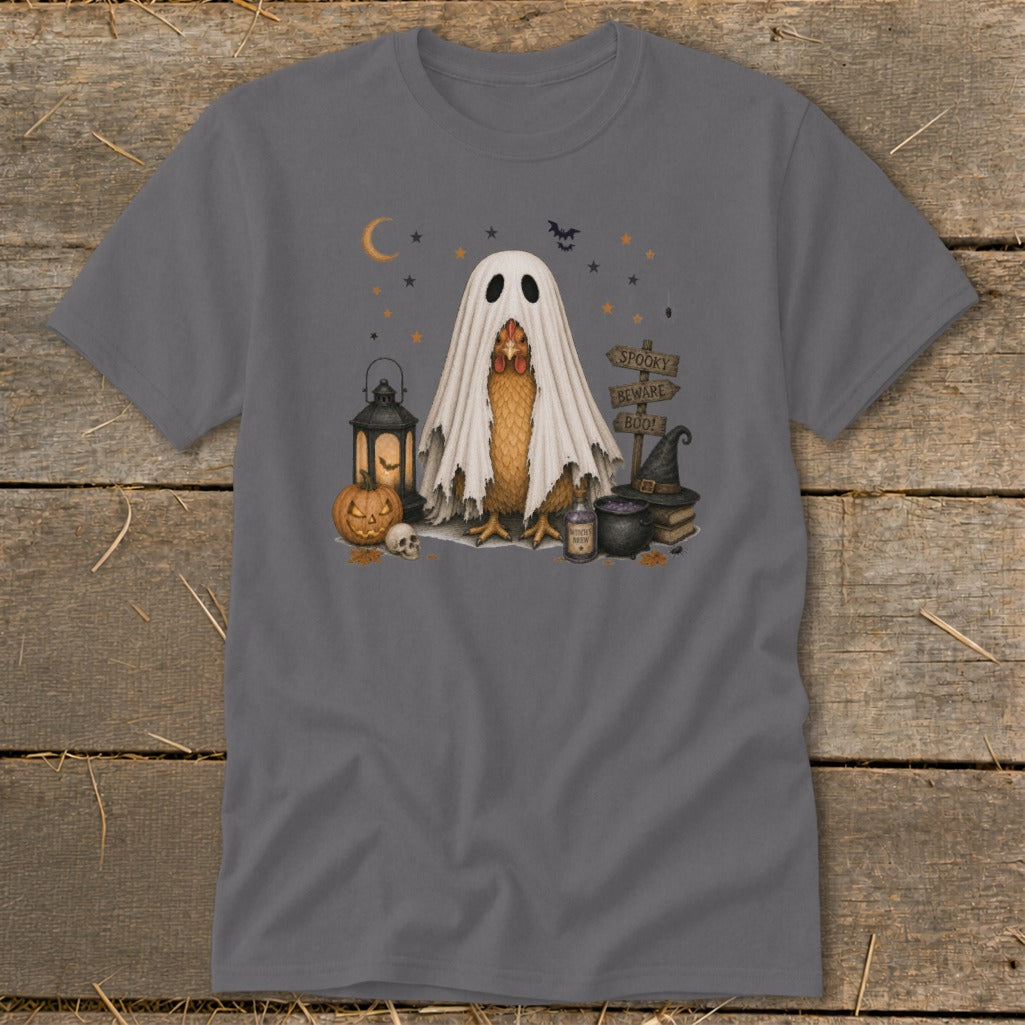 Chicken in a ghost costume with Halloween decorations and a spooky sign.