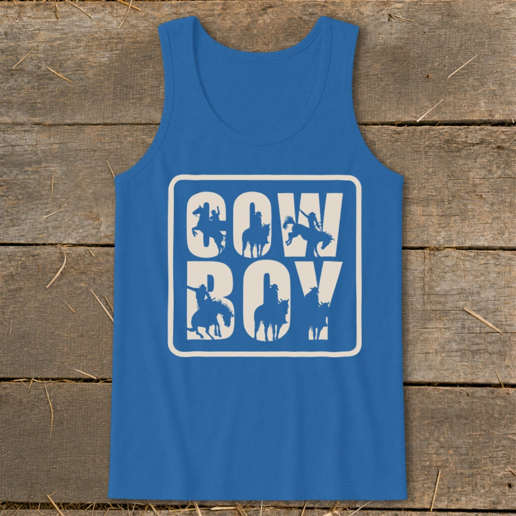 Blue tank top with white "Cowboy" text and silhouette cowboys on horses.