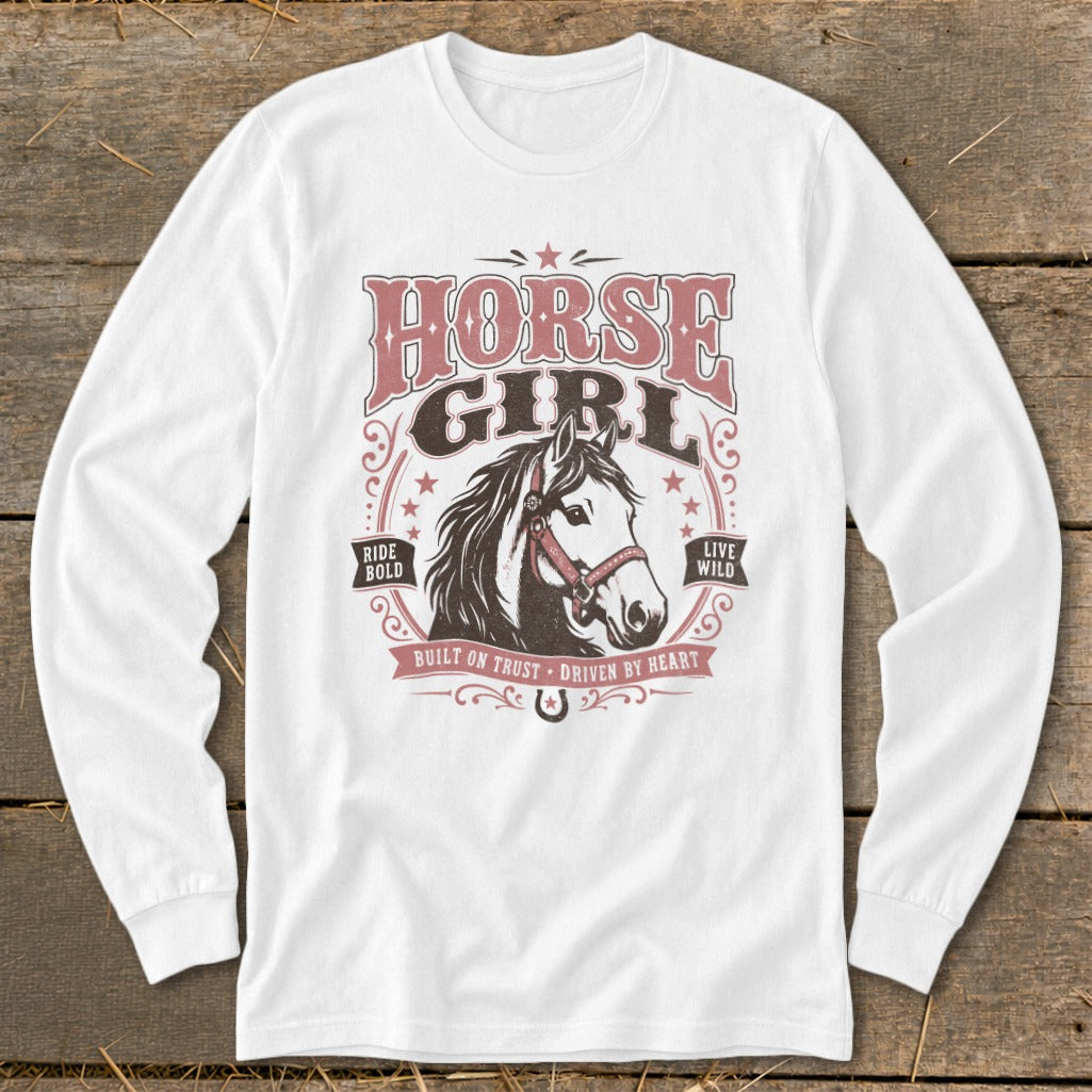 White long sleeve shirt with "Horse Girl" text and a horse head graphic.