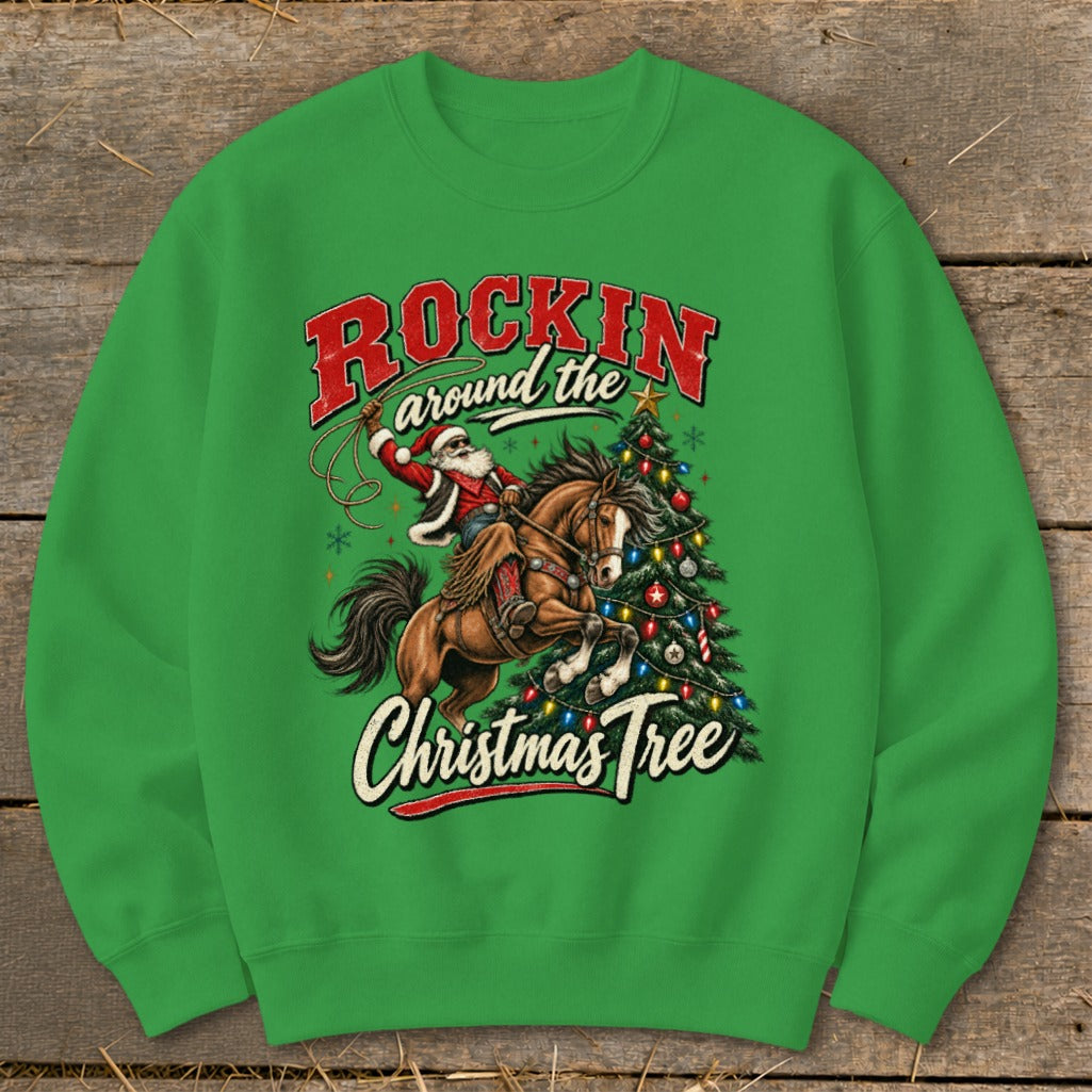 Santa riding a horse with lasso next to a Christmas tree, text "Rockin around the Christmas Tree".