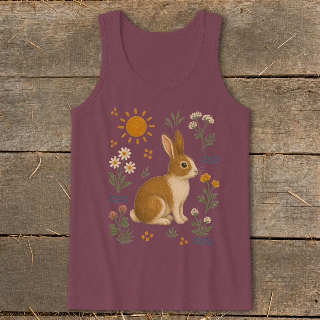 Burgundy tank top with a rabbit, sun, and floral meadow design.
