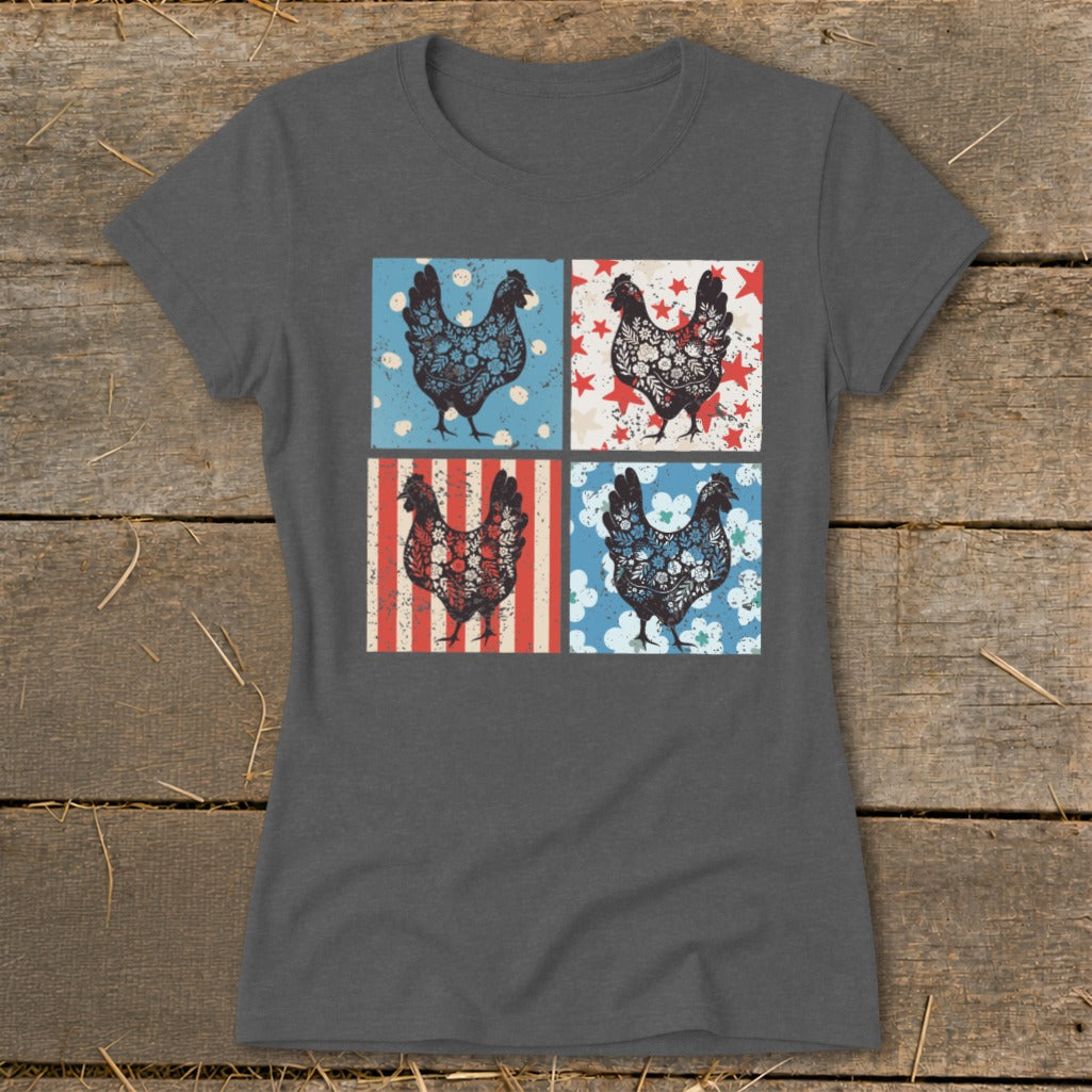 Four silhouetted chickens with vintage floral and patriotic patterns on a t-shirt.