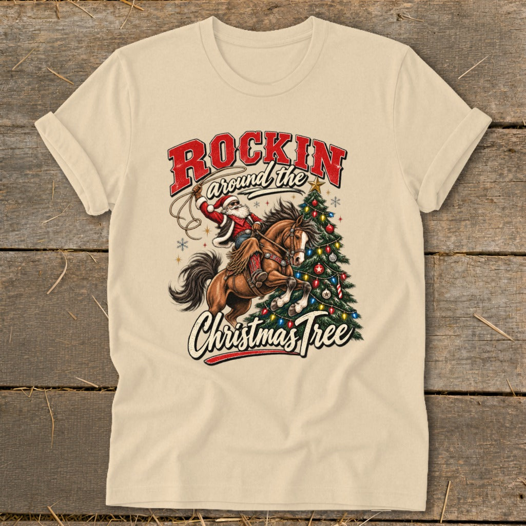 Santa on a horse near a Christmas tree with text "Rockin Around the Christmas Tree".