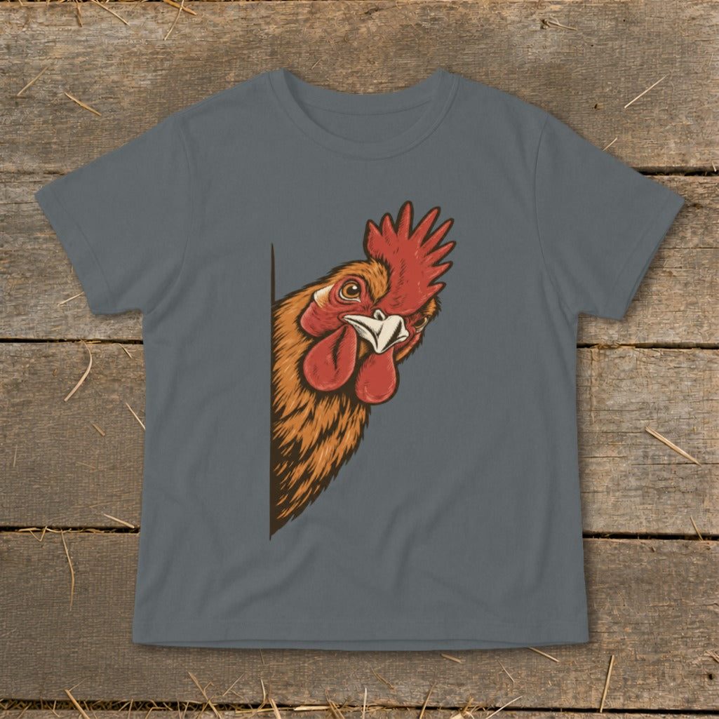 T-shirt with a peeking rooster illustration.