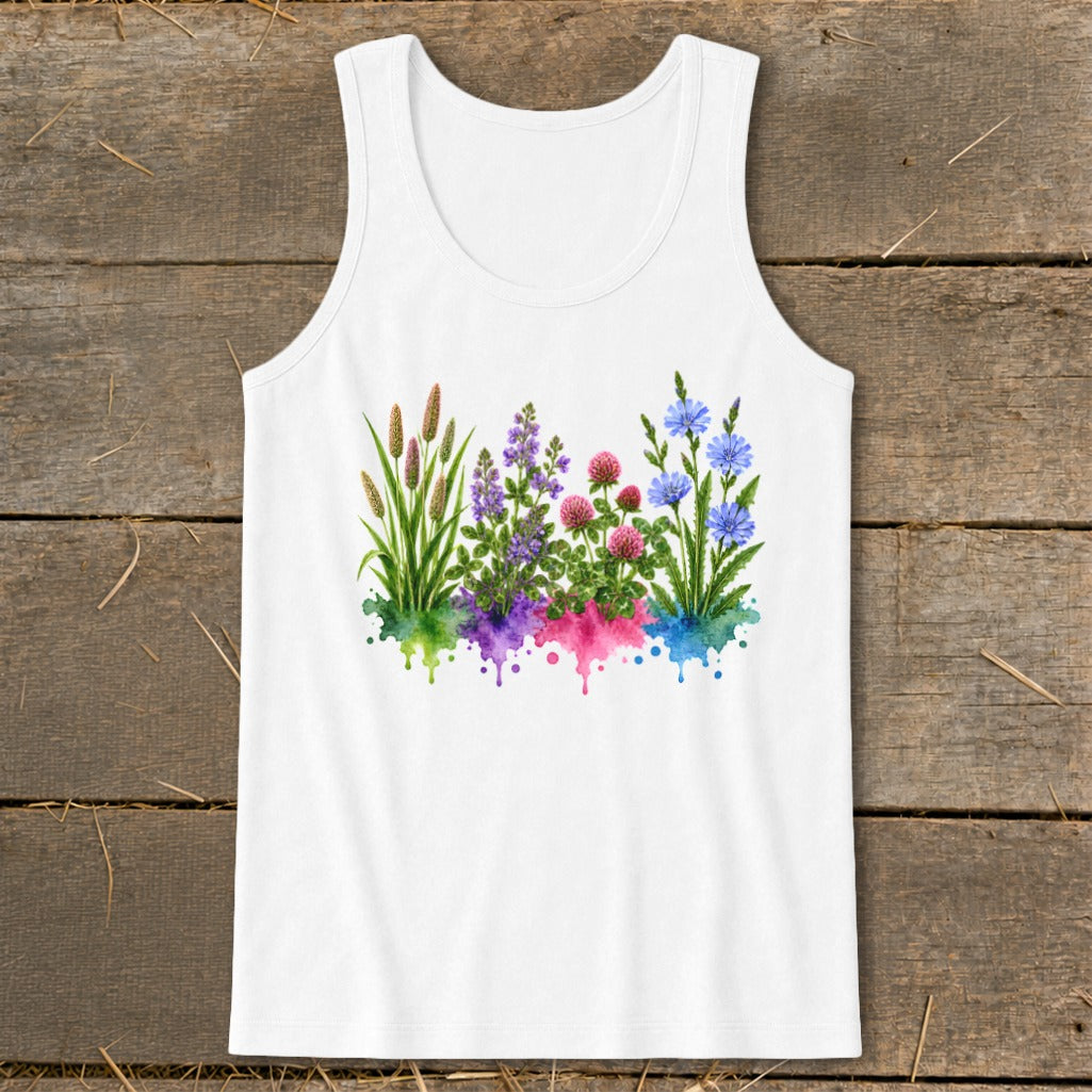A white tank top with a watercolor graphic of four wildflower clusters on a rustic wooden background.