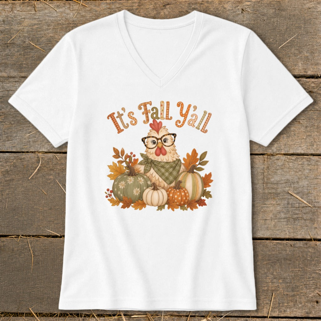 White v-neck t-shirt with cartoon chicken and pumpkins graphic saying "It's Fall Y'all".