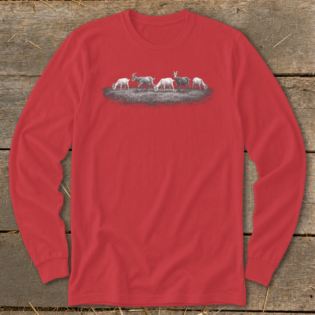 Red long sleeve shirt with a graphic of five goats grazing in a field.