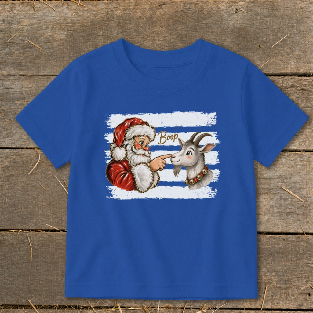 Santa booping a goat with the word "Boop" on a blue striped background.